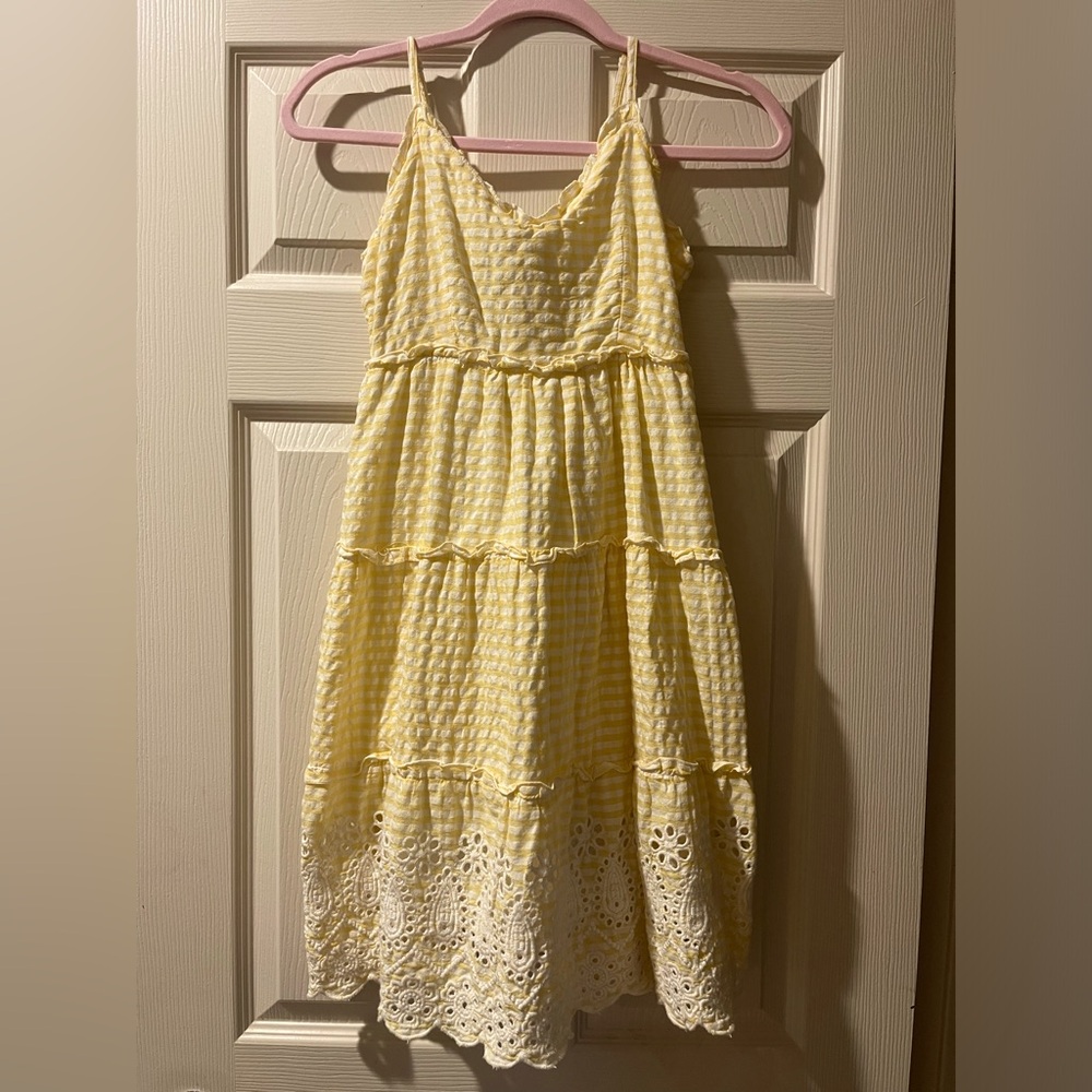 Jessica Simpson Women Yellow White Gingham Tiered Eyelet Dress Size Small